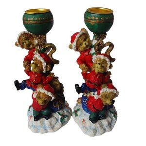 Vintage Christmas Bear Figurine Candle Holders With Green Goblets - Set Of 2 6.5